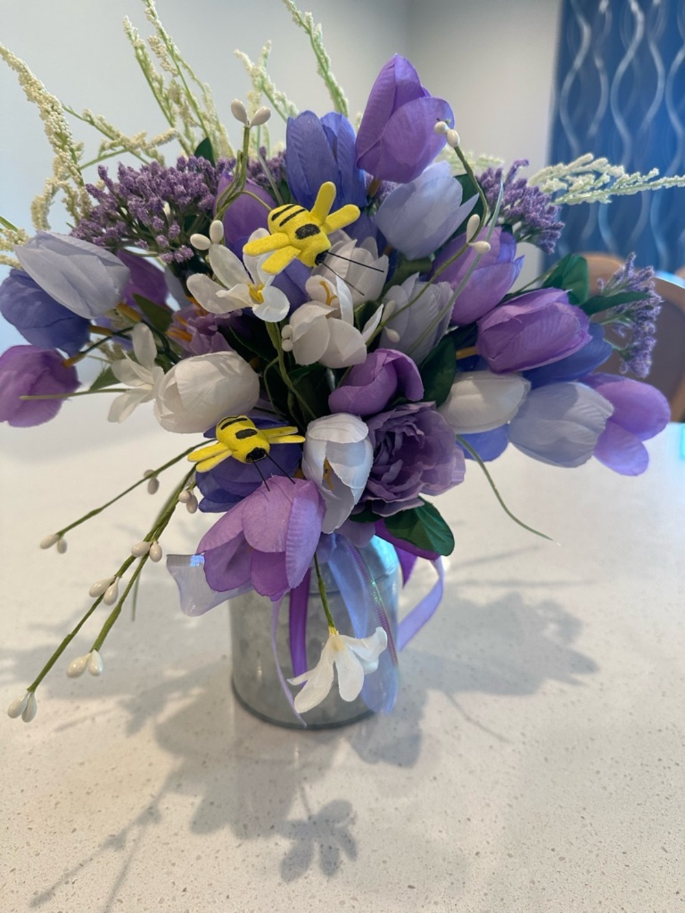 Purple & White Artificial Flower Bouquet in Rustic Vase - Homemade